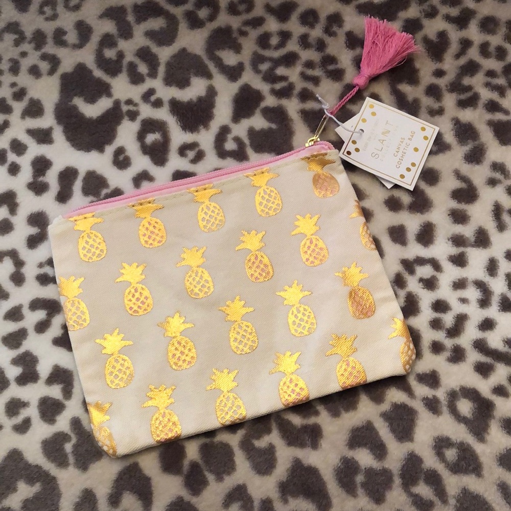 Slant Collections Cosmetics Bag Pineapple Gold Print Pouch 8” x 6” Clutch
